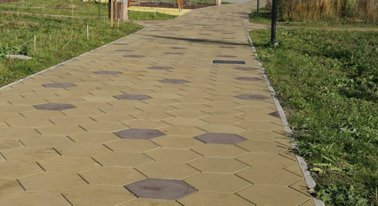 New paved pathway through a lawn